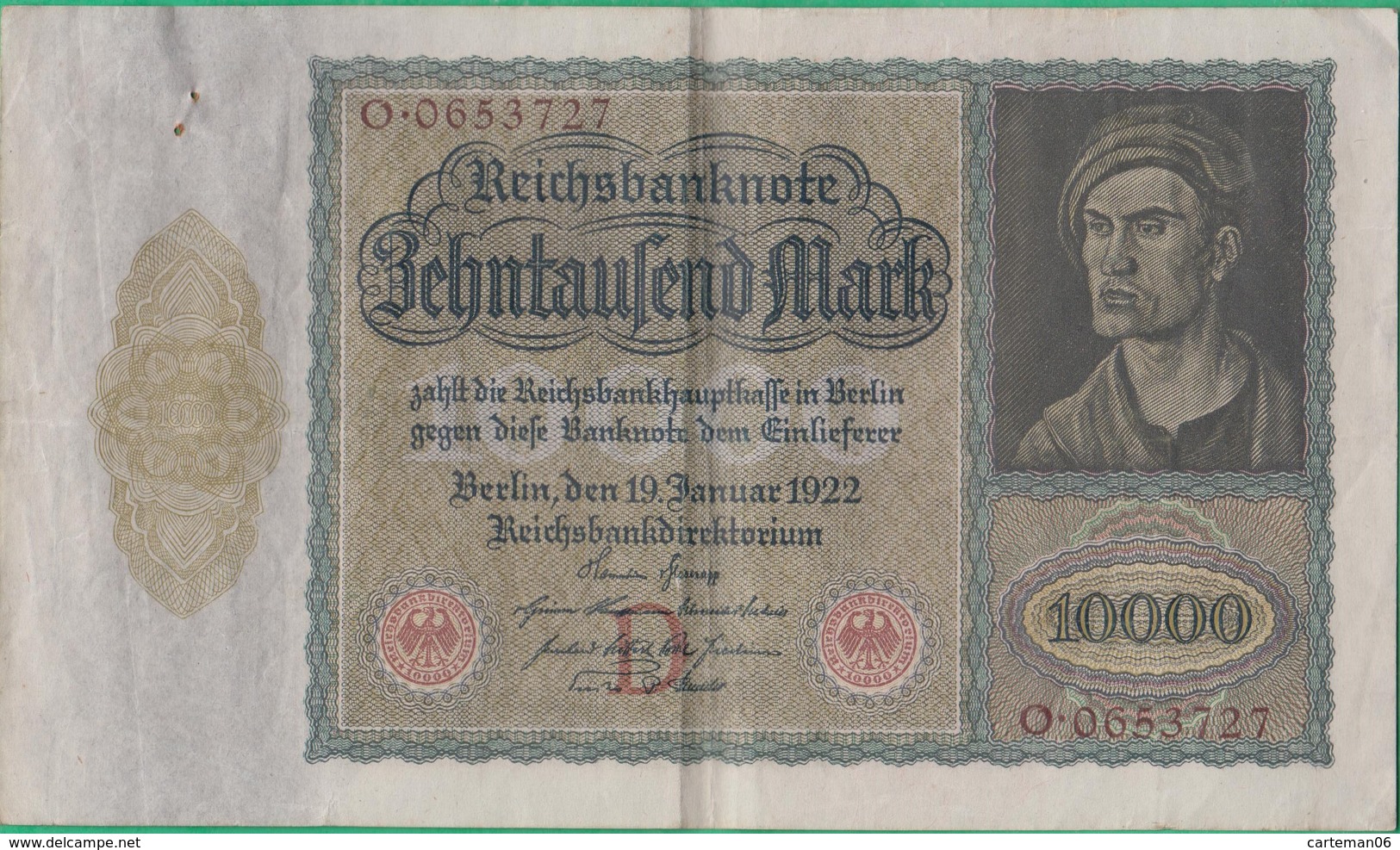 Billet Allemand - 10000 Mark - 19/01/1922 - Lettre D N°O.0653727 - 10000 Mark