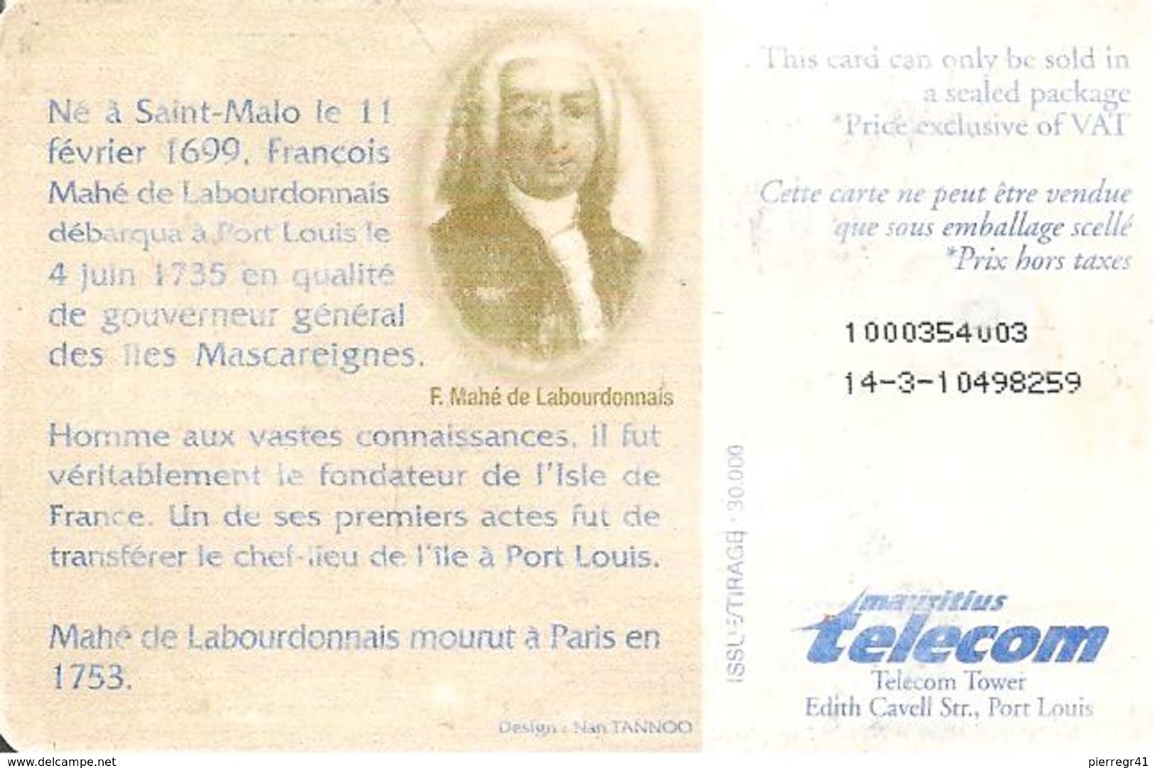CARTE-PUCE-MAURICE-50RS-300é ANNIVERSAIRE Naissance F,M? LABOURDONNAIS-Utilise-BE COURANT - Maurice