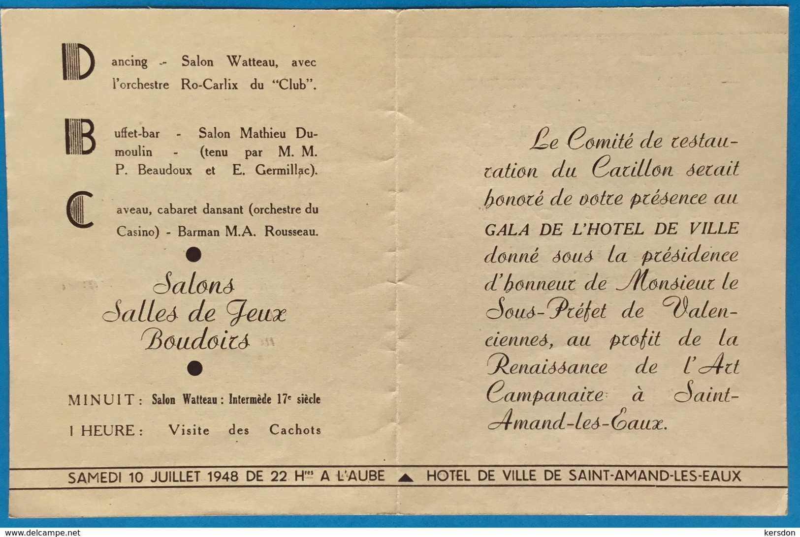 Invitation Gala De L’Hotel De Ville Quinzaine Du Carillon En 1948 - Autres & Non Classés