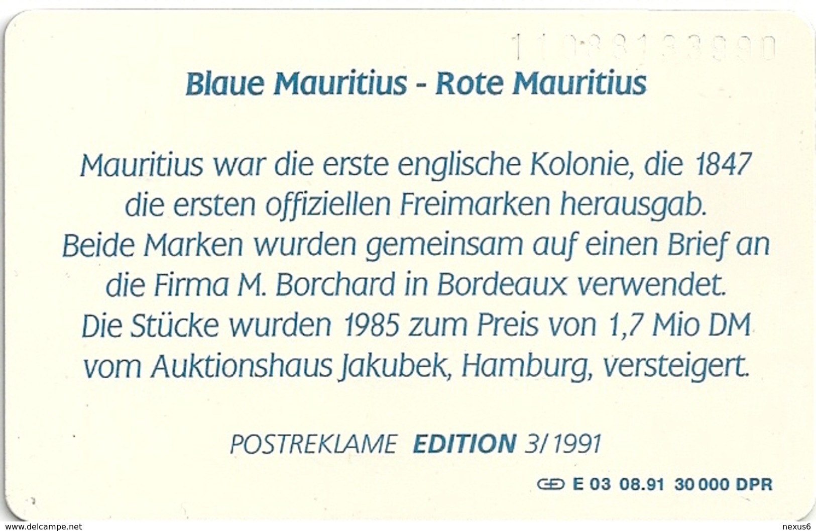 Germany - Briefmarken 3 - Blaue & Rote Mauritius - E 03-08.91 - 30.000ex, Used - E-Series : Edizione Della D. Postreklame