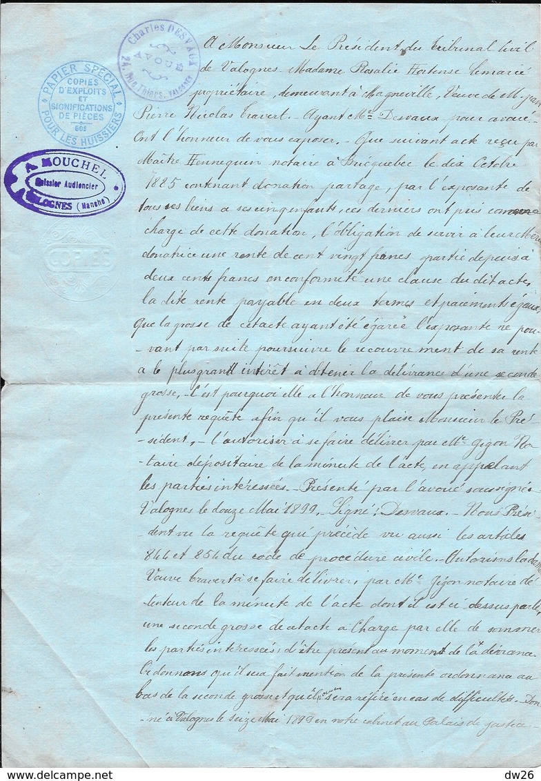 Courrier Ancien 1899 D'Auguste Mouchel, Huissier Au Président Du Tribunal De Valognes - Zonder Classificatie