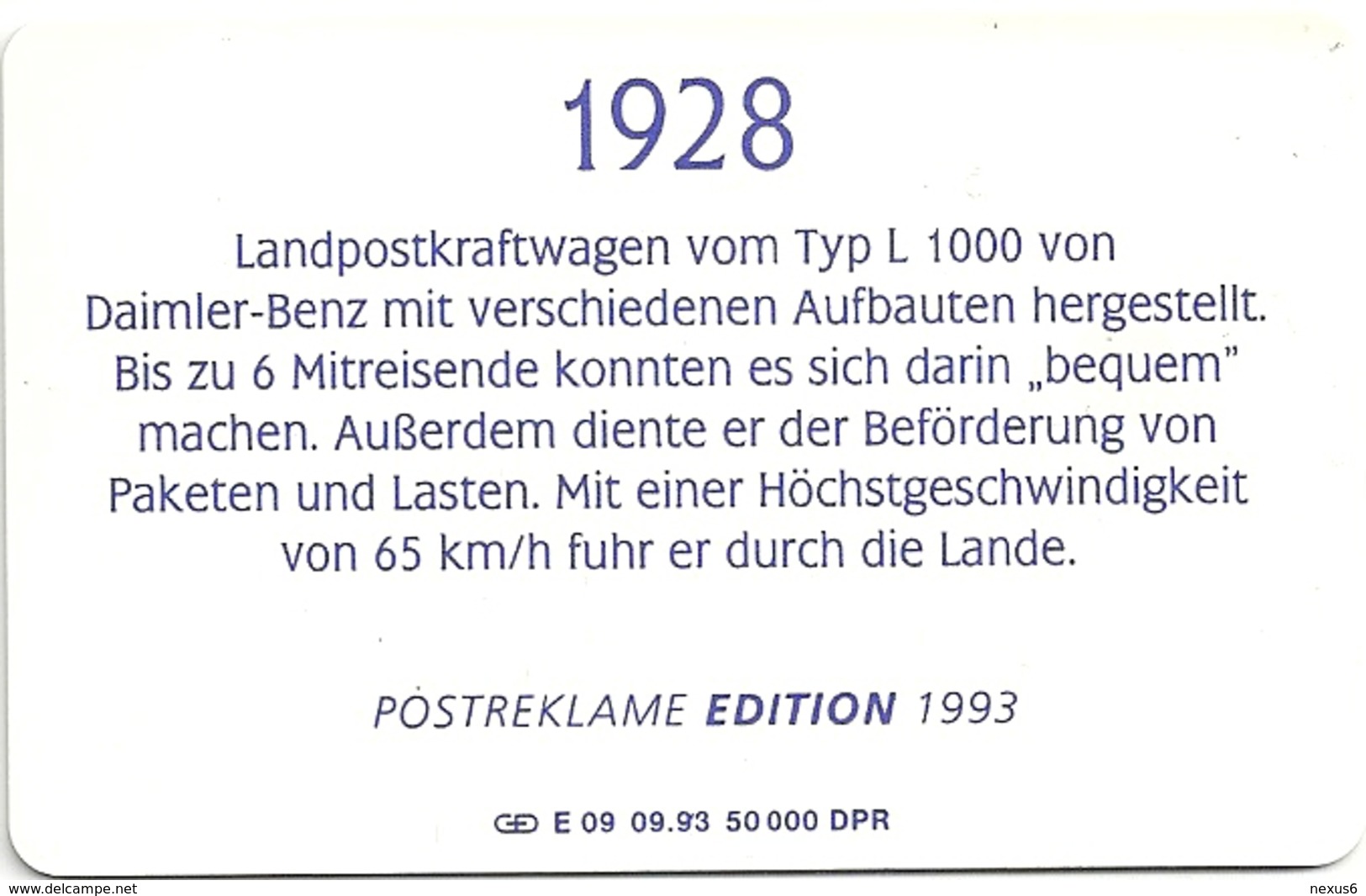 Germany - Historische Postautos 1 - Landpostkraftwagen (1928) - E 09-09.93 - 50.000ex, Used - E-Series : Edizione Della D. Postreklame