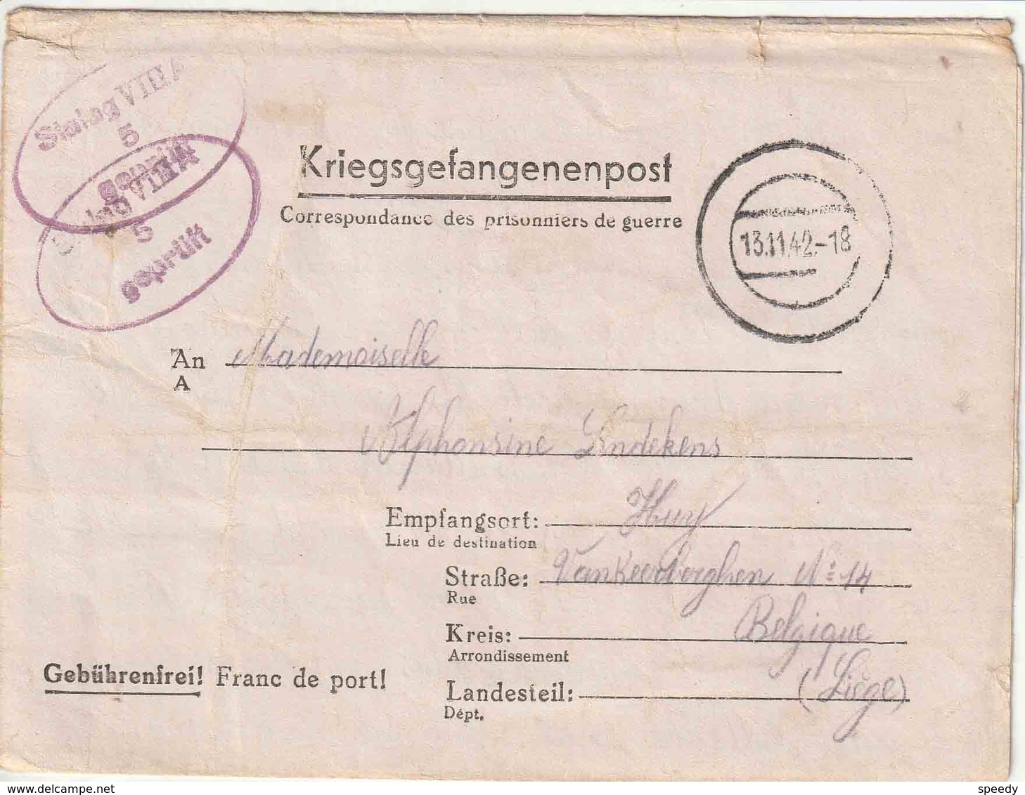 STALAG : PK  Met Blinde DCS "13.11.42" + "STALAG  VIII A / 5 / Geprüft " Naar HUY  ( VIII A = GÖRLITZ) - Guerra '40-'45 (Storia Postale)