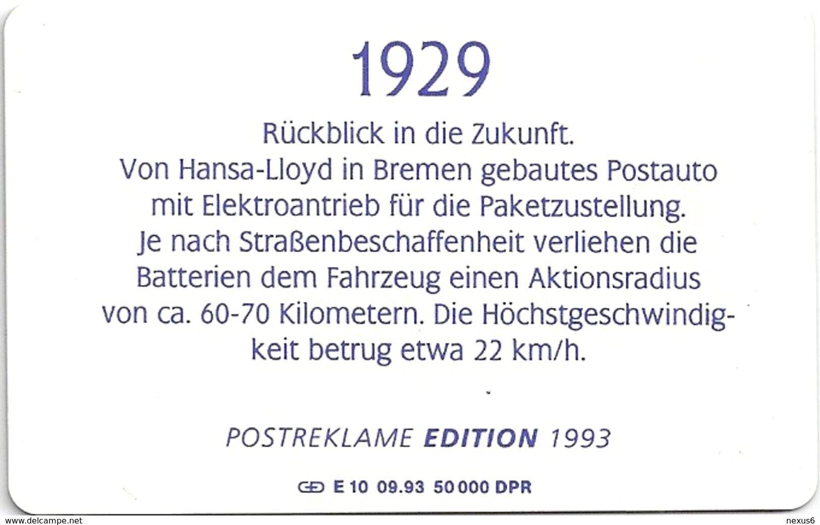 Germany - Historische Postautos 2 - Postauto Mit Elektroantrieb (1929) - E 10-09.93 - 50.000ex, Used - E-Series : D. Postreklame Edition