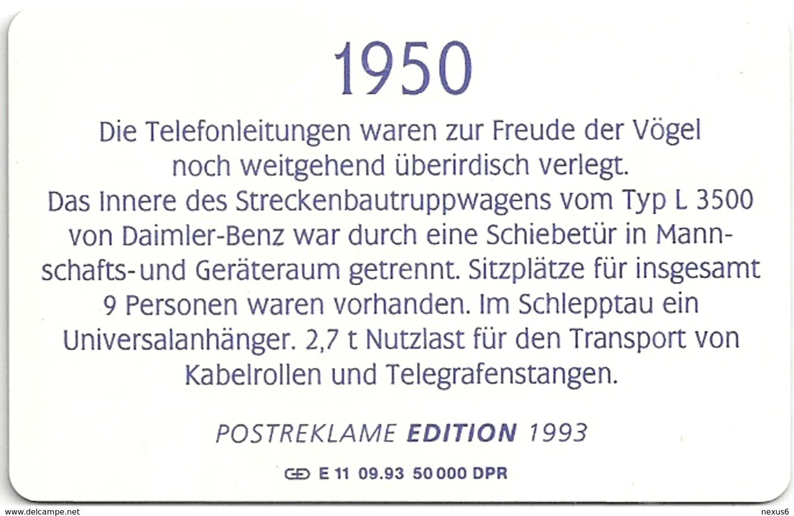 Germany - Historische Postautos 3 - Streckenbautruppwagen (1950) - E 11-09.93 - 50.000ex, Used - E-Series: Editionsausgabe Der Dt. Postreklame