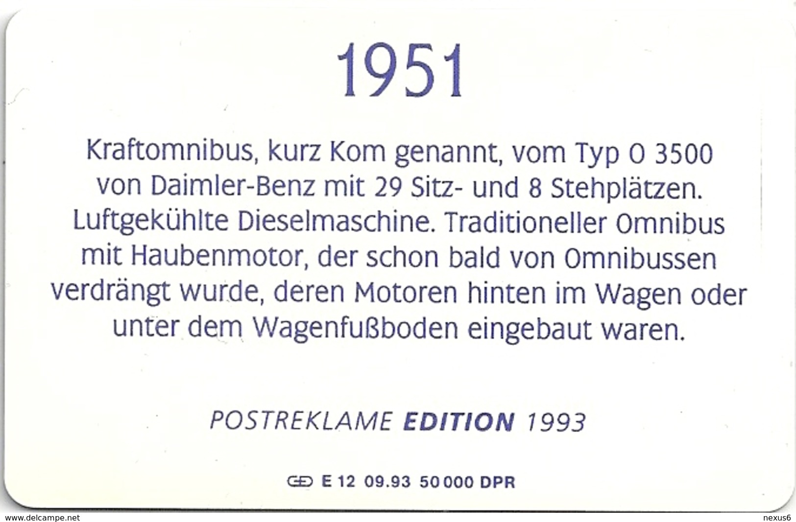 Germany - Historische Postautos 4 - Kraftomnibus (1951) - E 12-09.93 - 50.000ex, Used - E-Reeksen : Uitgave - D. Postreclame
