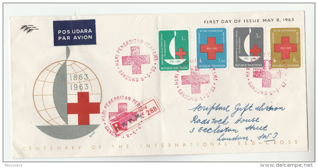 1963 REGISTERED Air Mail INDONESIA FDC  RED CROSS Cover To GB Airmail Label, Stamps - Indonesia