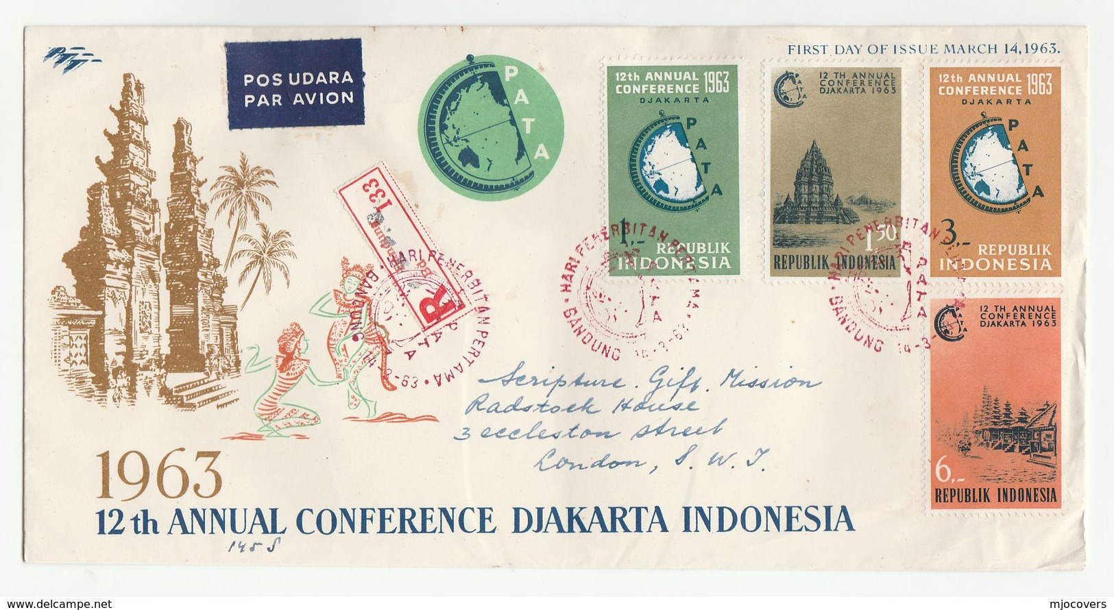 1963 REGISTERED Air Mail INDONESIA FDC Stamps PRAMBANAN  HINDU TEMPLE , DJAKARTA PATA CONFERENCE Cover Religion - Indonesia
