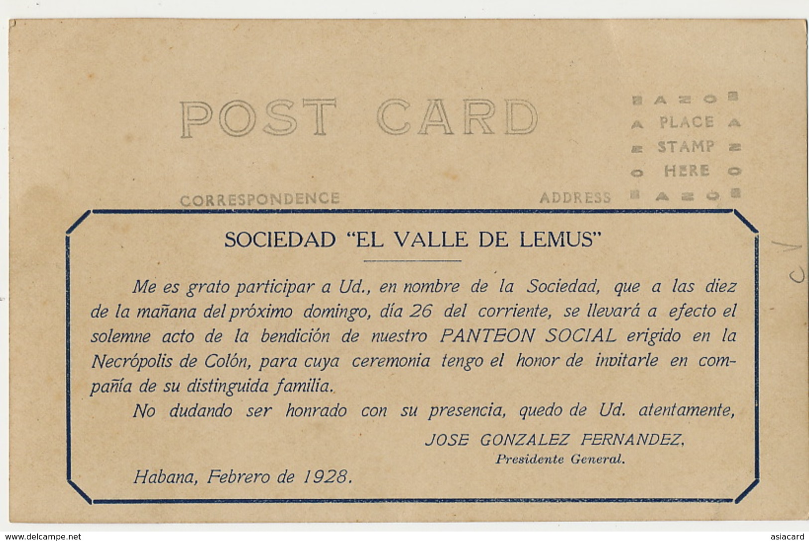 Carte Photo Sociedad El Valle De Lemus 1928 Havana Panteon Social Cementerio Colon - Cuba