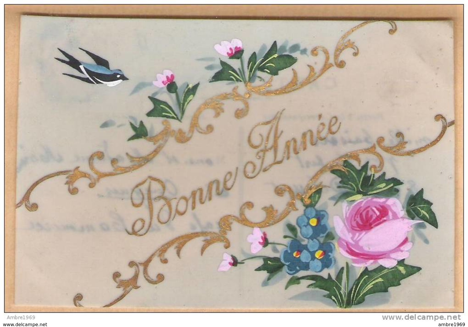 Carte CELLULOÎD Peinte à La Main - Bonne Année- (rose Fleurs Hirondelle) - Nouvel An