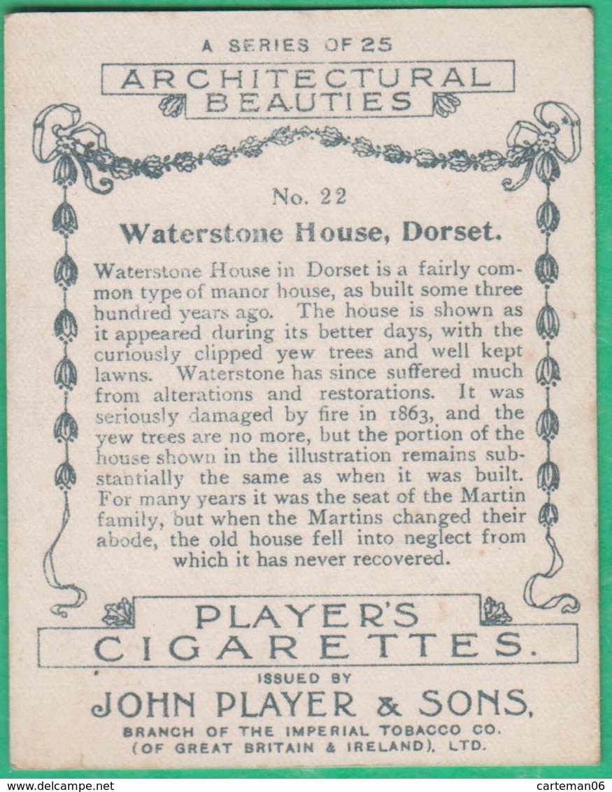 Chromo John Player & Sons, Player's Cigarettes, Architectural Beauties - Waterstone House, Dorset N°22 - Player's