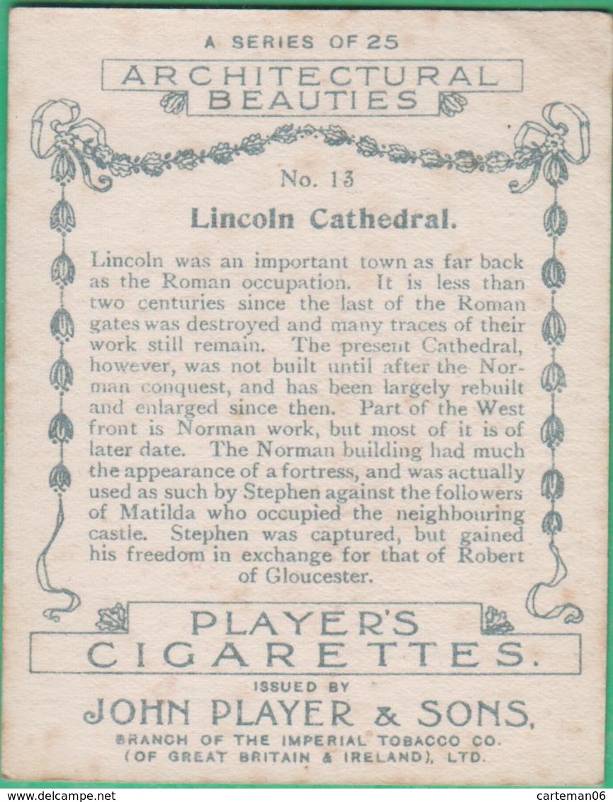 Chromo John Player & Sons, Player's Cigarettes, Architectural Beauties - Lincoln Cathedral N°13 - Player's