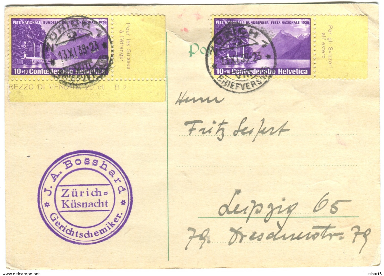 2 X Fête Nationale 1938 10r  Sur Carte Postale Zürich=Küsnacht Nach Leipzig - Briefe U. Dokumente