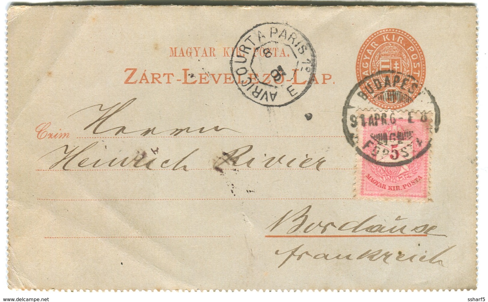 Uprated Postal Stationery 1891 To France With TPO AVRICOURT à PARIS And INCONNU - Lettres & Documents