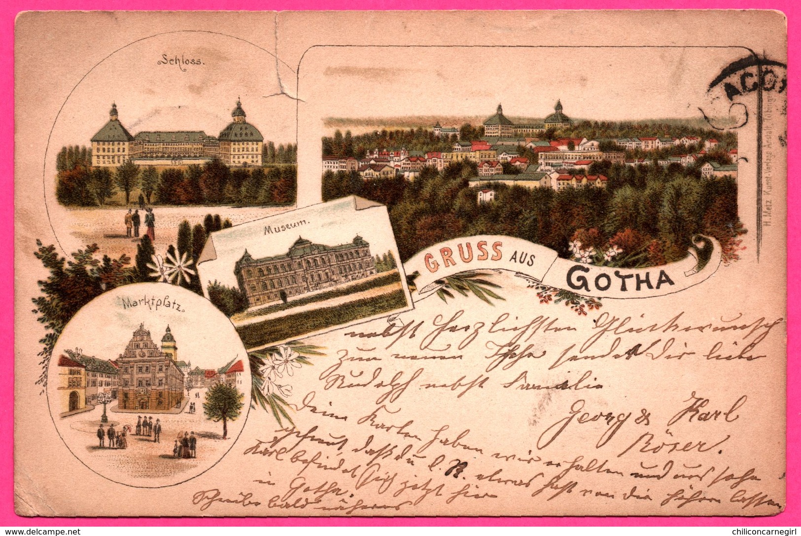 Litho - Gruss Aus Gotha - Multivues - Museum - Schloss - Panorama - Marktplatz - H. METZ - 1893 - Oblit. GOTHA - Gotha