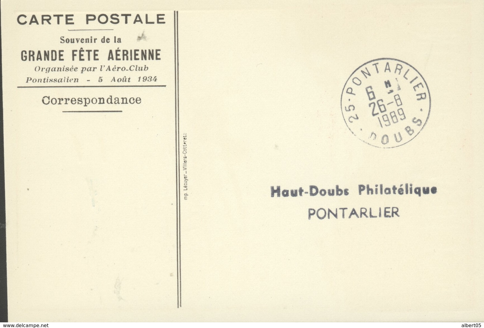 Pontarlier Aviation - 5 Août 1934 - Carte D'origine  - Rallye Aérien Pour Le 55ème Anniversaire Du Meeting De 1934 - Aviation