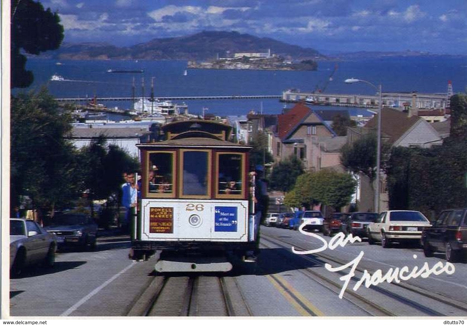 San Francisco - Cable Car With Famous Alcatraz Prison Island In The Background - Formato Grande Viaggiata Mancante Di Af - Mondo