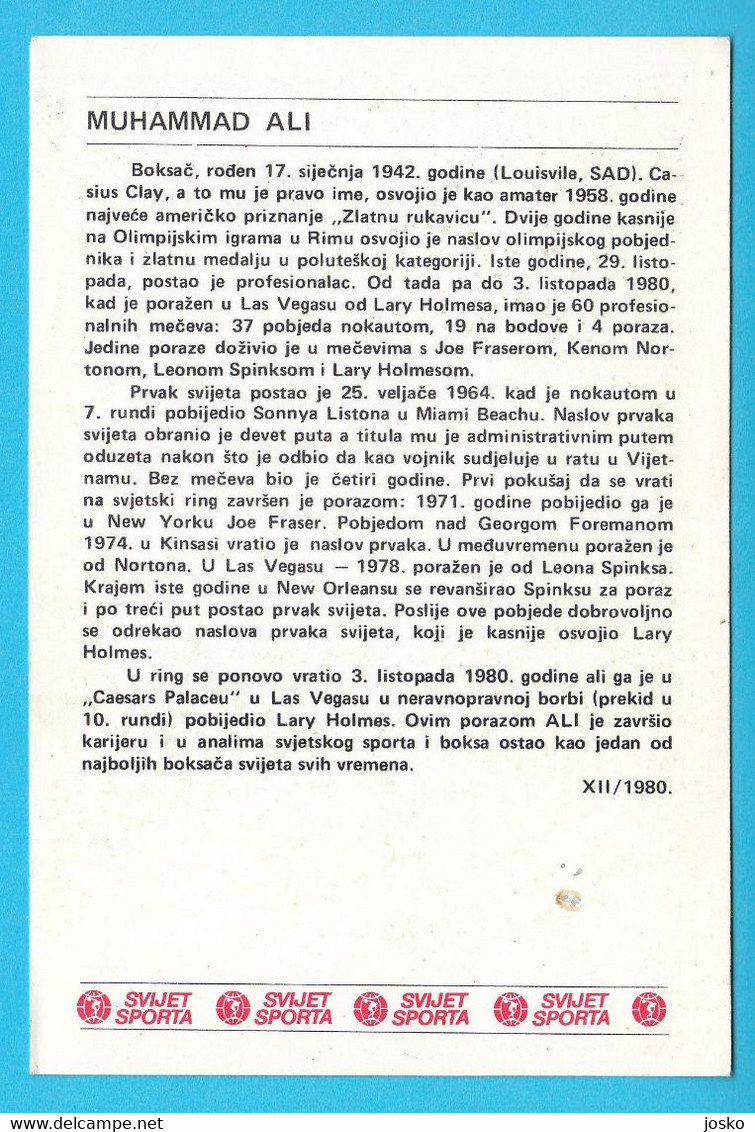MUHAMMAD ALI - CASSIUS CLAY ... Yugoslavian Vintage Boxing Card Svijet Sporta * LARGE SIZE * Usa - Trading-Karten