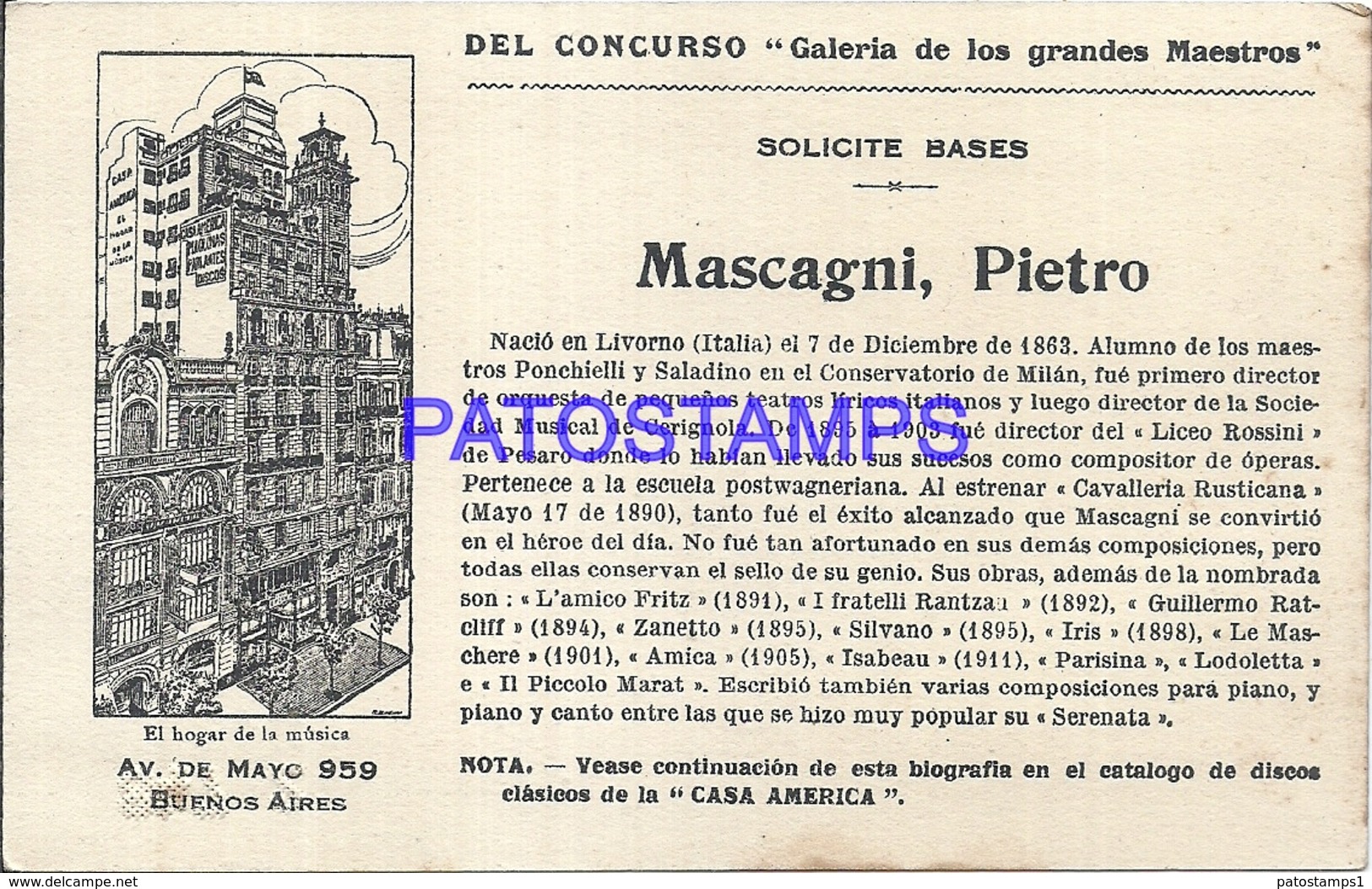 91002 PUBLICTY COMMERCIAL CASA AMERICA EL HOGAR DE LA MUSICA BS AS ARTIST MASCAGNI PIETRO LIRICO NO POSTAL POSTCARD - Advertising