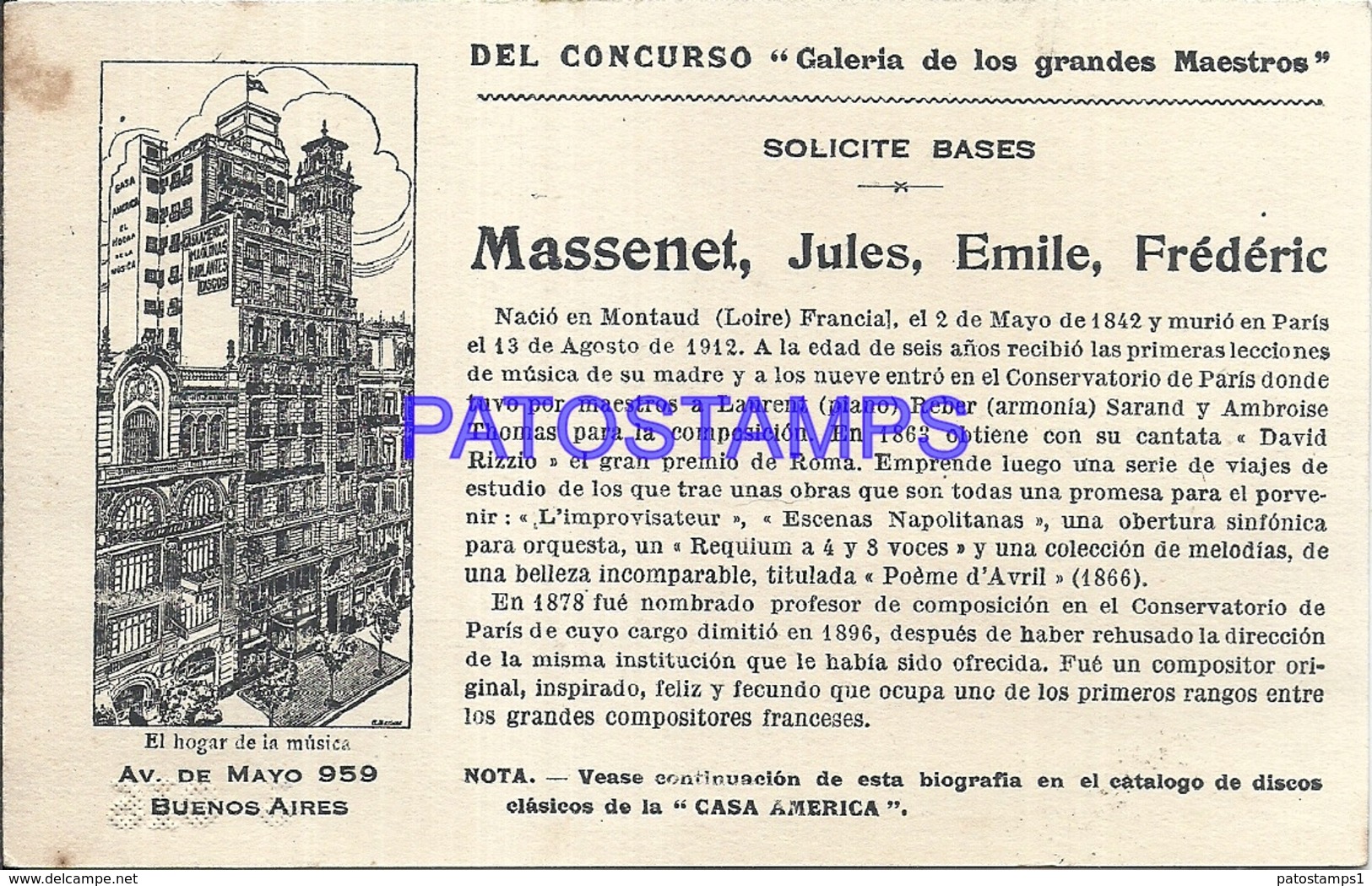 91006 PUBLICTY COMMERCIAL CASA AMERICA MUSICA BS AS ARTIST JULES MASSENET COMPOSER OPERA NO POSTAL POSTCARD - Werbepostkarten