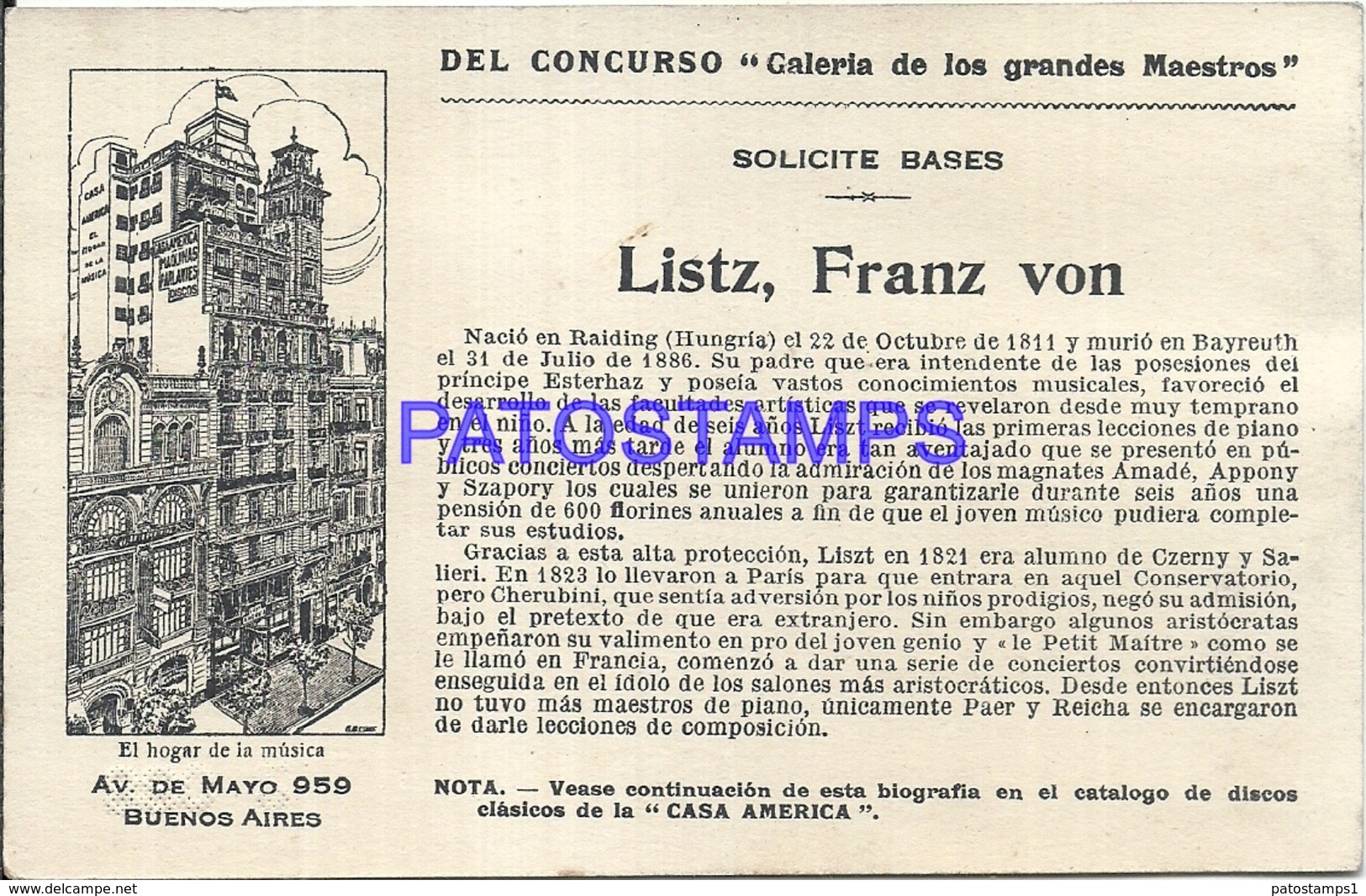 91007 PUBLICTY COMMERCIAL CASA AMERICA MUSIC BS AS ARTIST FRANZ LISZT COMPOSER PIANIST NO POSTAL POSTCARD - Werbepostkarten