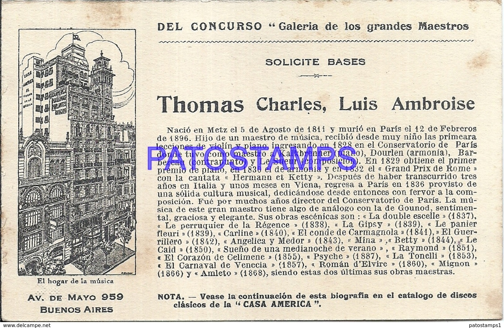 91012 PUBLICTY COMMERCIAL CASA AMERICA EL HOGAR DE LA MUSICA BS AS AMBROISE THOMAS COMPOSER OPERA NO POSTCARD - Werbepostkarten