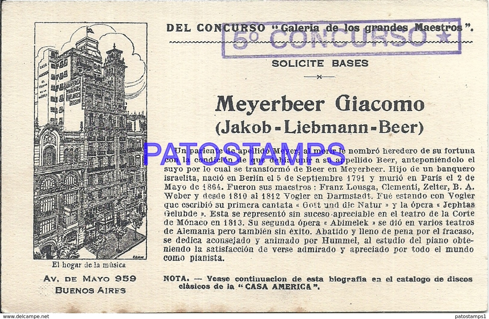 91013 PUBLICTY COMMERCIAL CASA AMERICA EL HOGAR DE LA MUSICA BS AS ARTIST GIACOMO MEYERBEER COMPOSER OPERA NO POSTCARD - Werbepostkarten