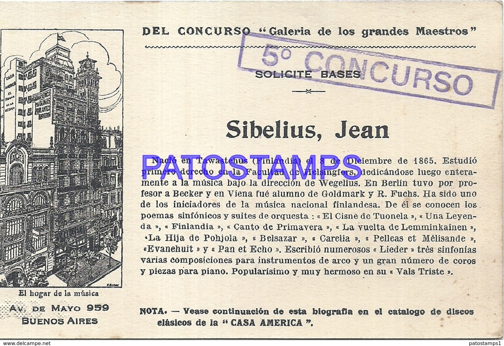 91011 PUBLICTY COMMERCIAL CASA AMERICA MUSIC BS AS ARTIST JEAN SIBELIUS COMPOSER VIOLINISTA NO POSTAL POSTCARD - Werbepostkarten