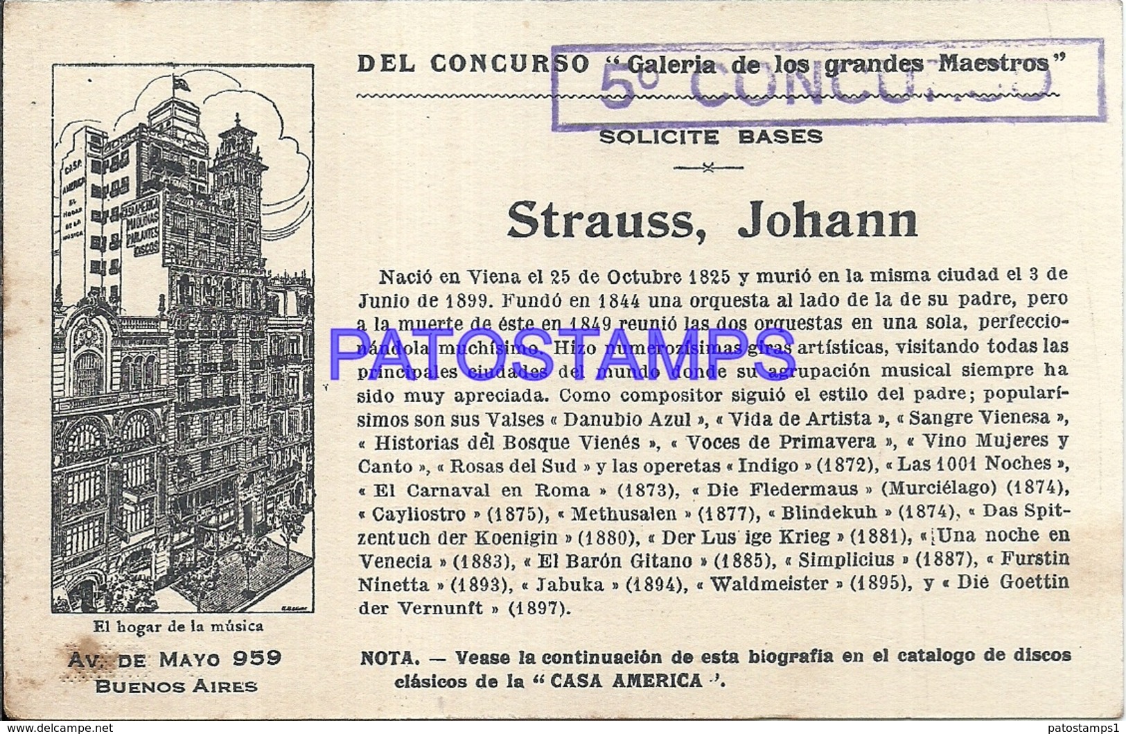91018 PUBLICTY COMMERCIAL CASA AMERICA MUSICA BS AS ARTIST JOHANN STRAUSS COMPOSER VALS NO POSTAL POSTCARD - Werbepostkarten