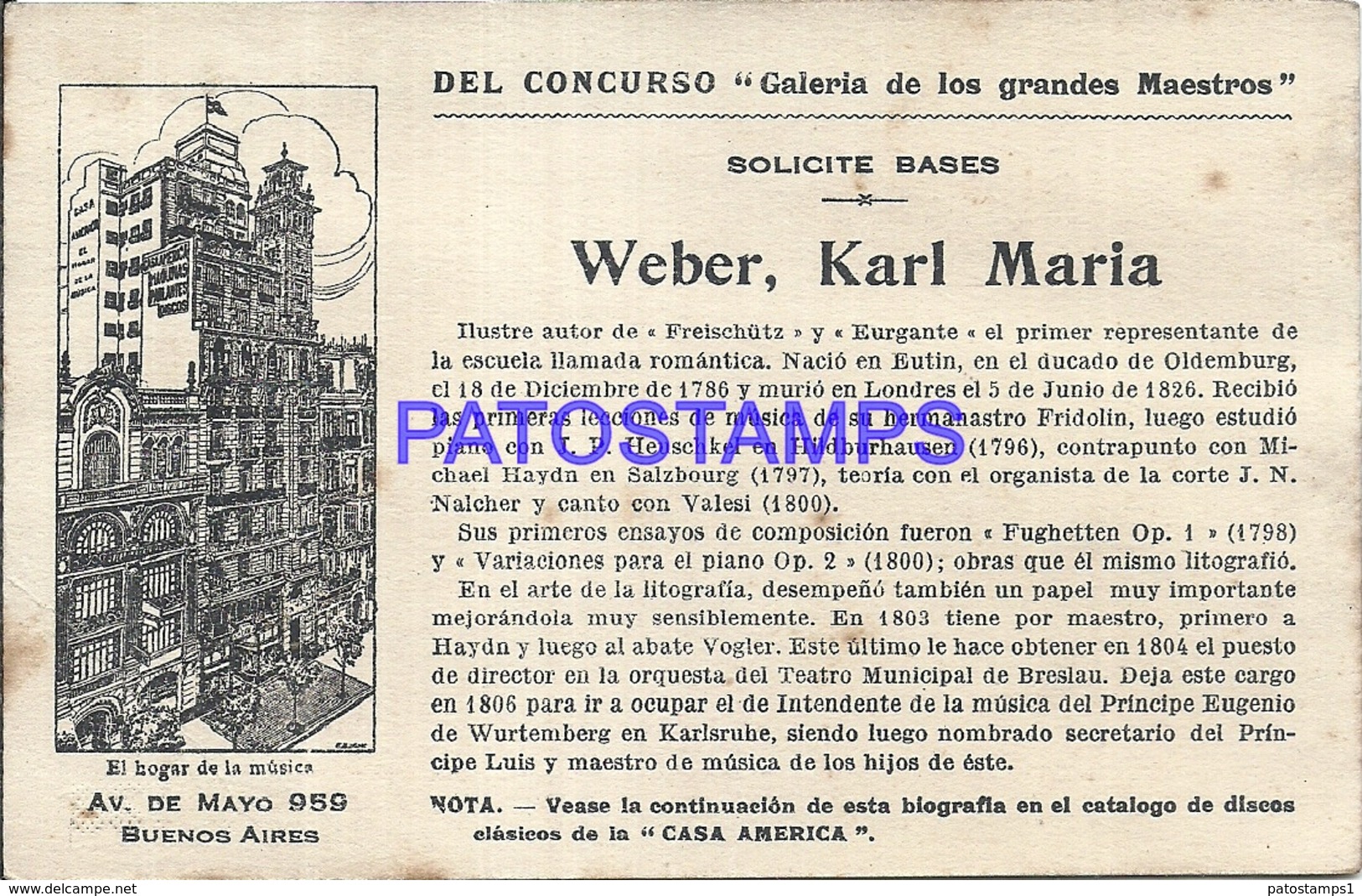 91023 PUBLICTY COMMERCIAL CASA AMERICA MUSIC BS AS ARTIST CARL MARIA VON WEBER COMPOSER ROMANTIC NO POSTCARD - Werbepostkarten