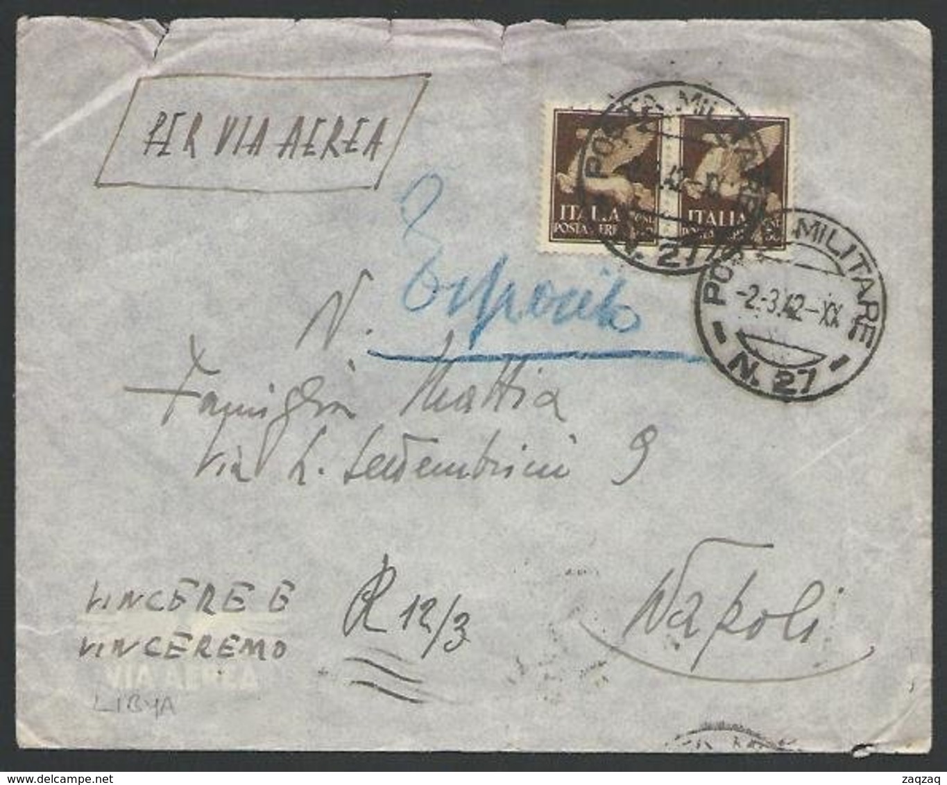 ITALY FORCES IN LYBIA 1942 Airmail Cover POSTA MILITARE N.27 To Naples....10374 - Unclassified