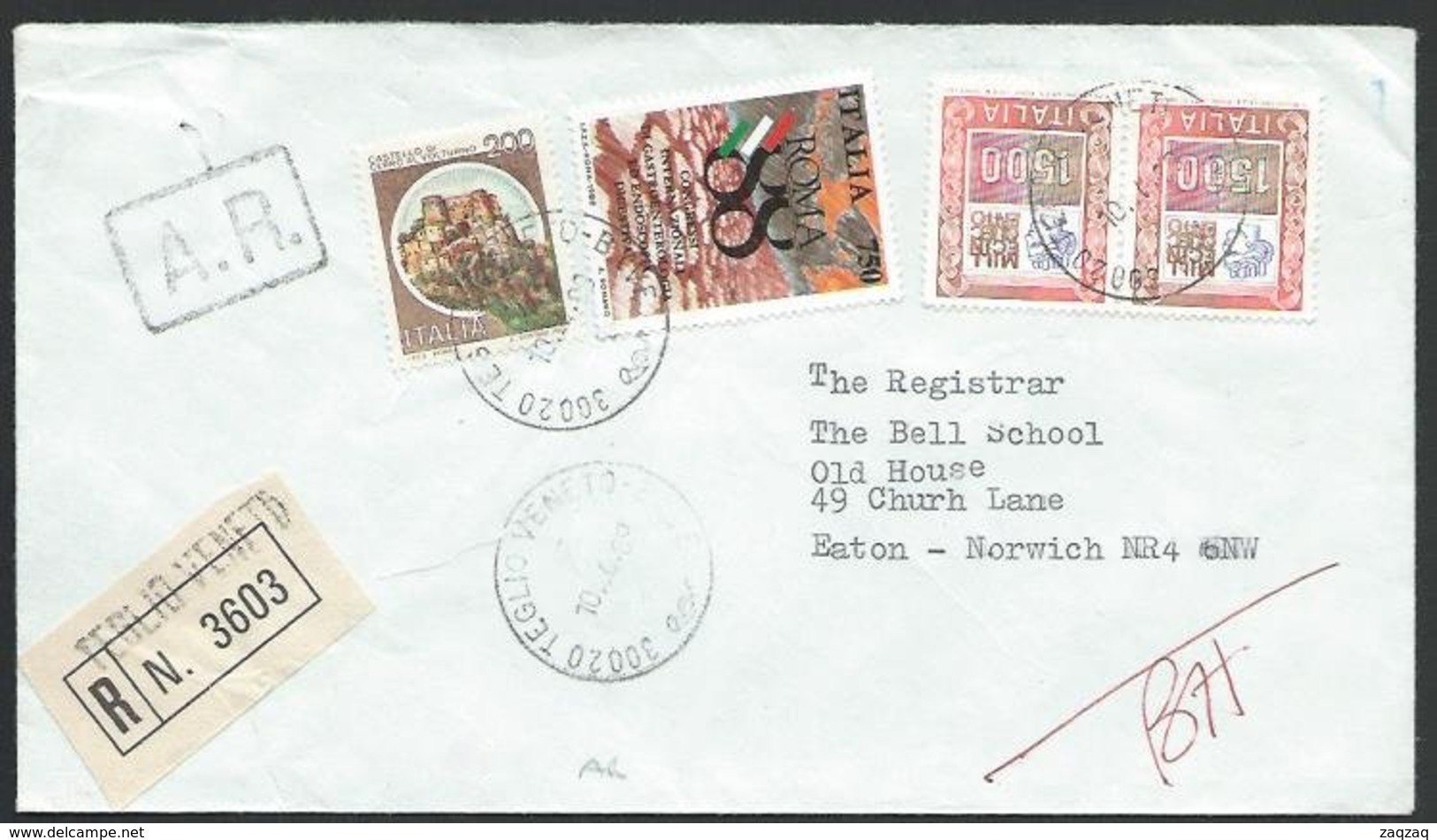 ITALY 1989 Registered AR Cover TEGLIO VENETO To UK.........................10373 - Unclassified