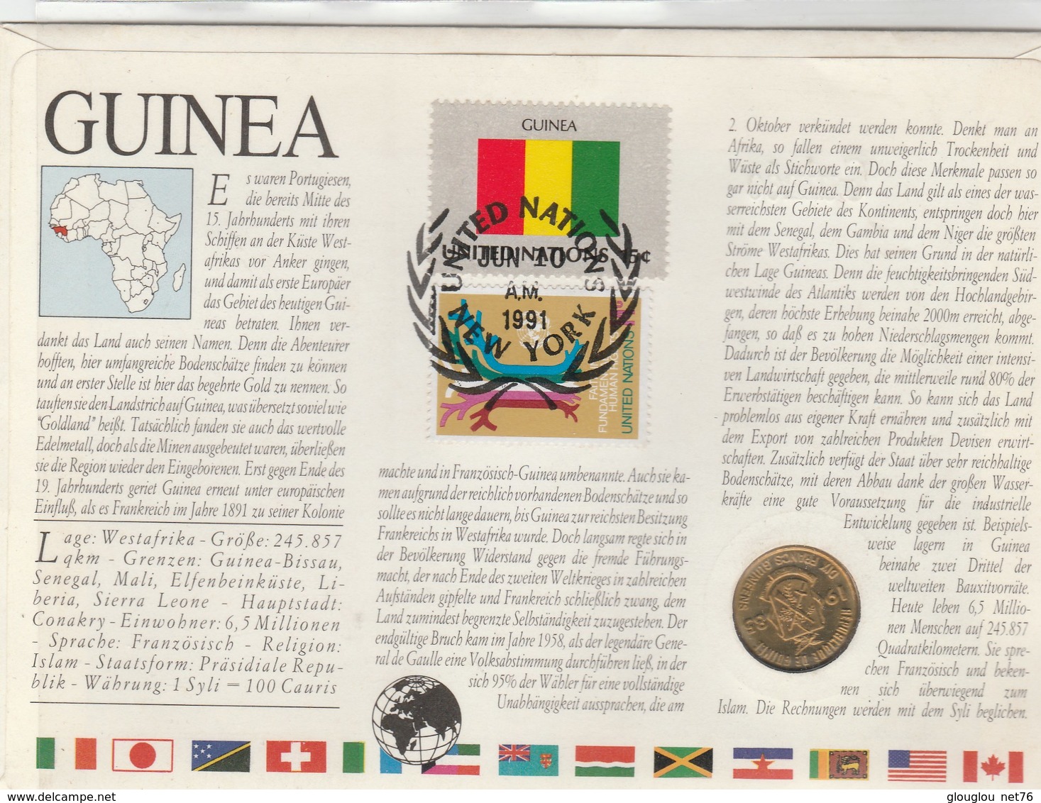 GUINEE..GRANDE ENVELOPPE AVEC TIMBRE ET PIECE DE 10 F..1991 - Guinea