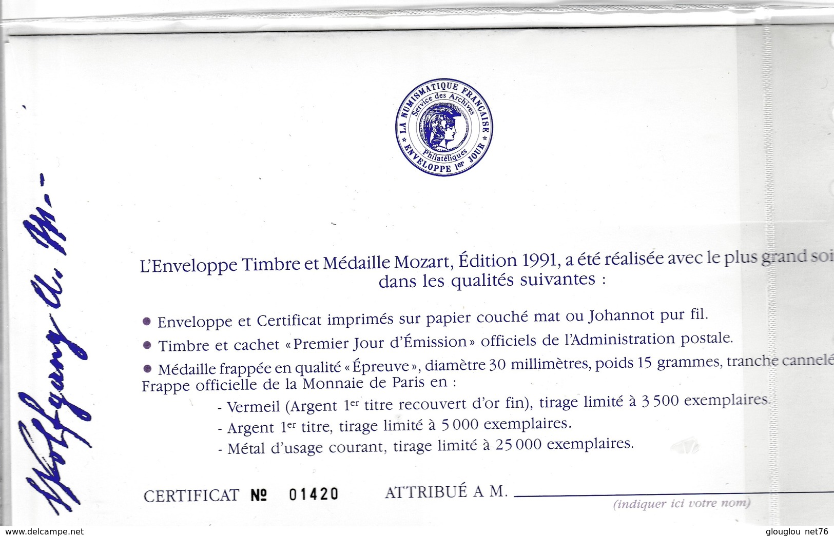 FRANCE   GRANDE ENVELOPPE 1er JOUR AVEC TIMBRE ET PIECE DE MONNAIE  MOZART..1991 - Autres & Non Classés