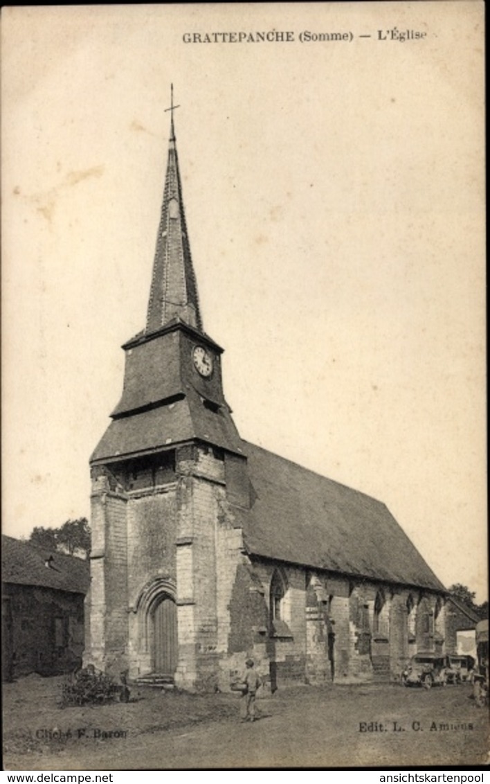 Cp Grattepanche Somme, L'eglise, Blick Auf Die Kirche, Automobile - Autres & Non Classés