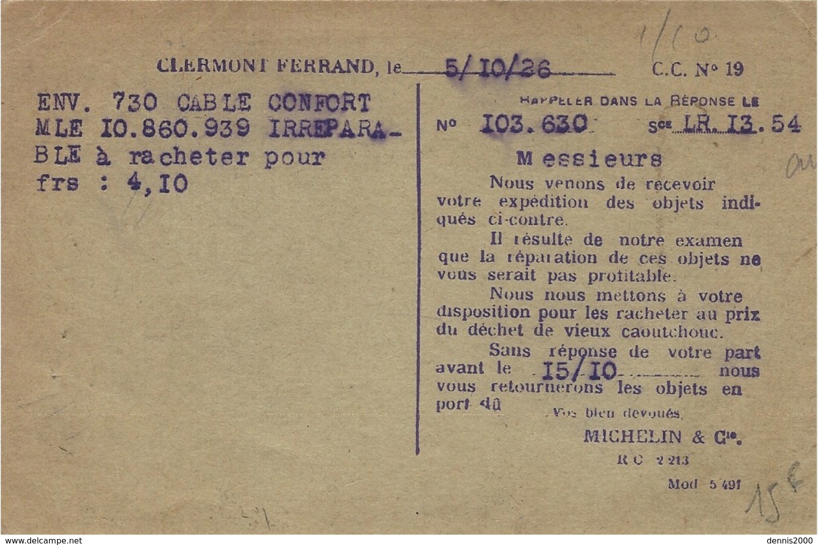 C P E P Pasteur 20 C Vert  Pré Repiquée  Cie Michelin De Clermont Ferrand - Bijgewerkte Postkaarten  (voor 1995)