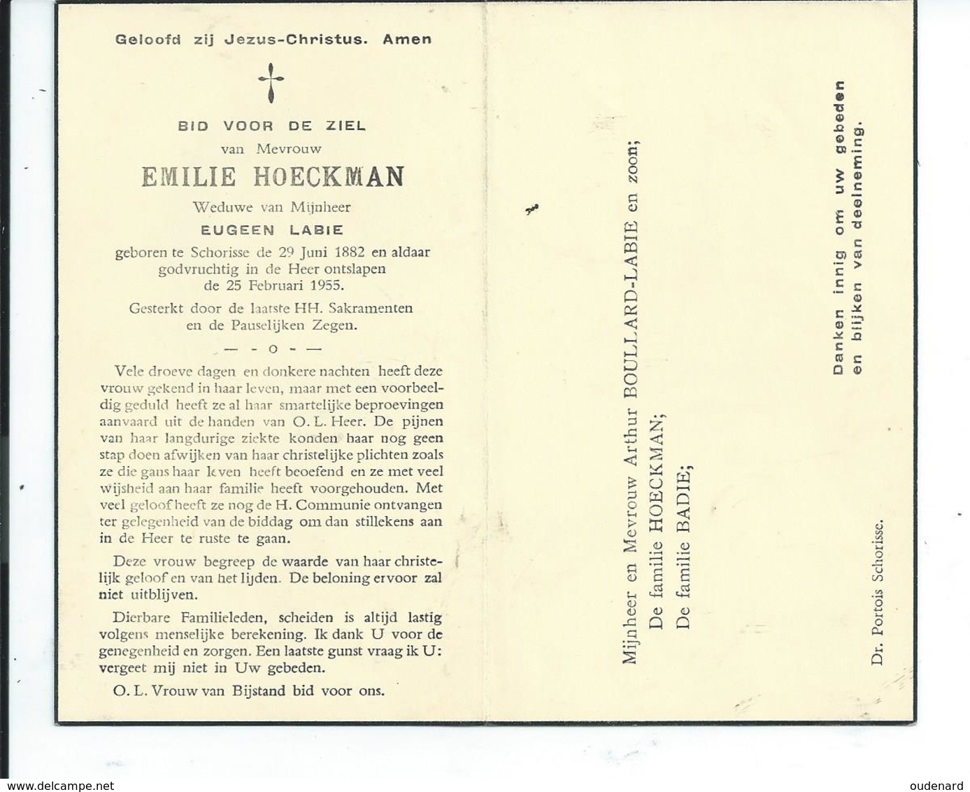 B.P.   SCHORISSE HOECKMAN  EMILIE 1882 - 1955 - Religion & Esotericism