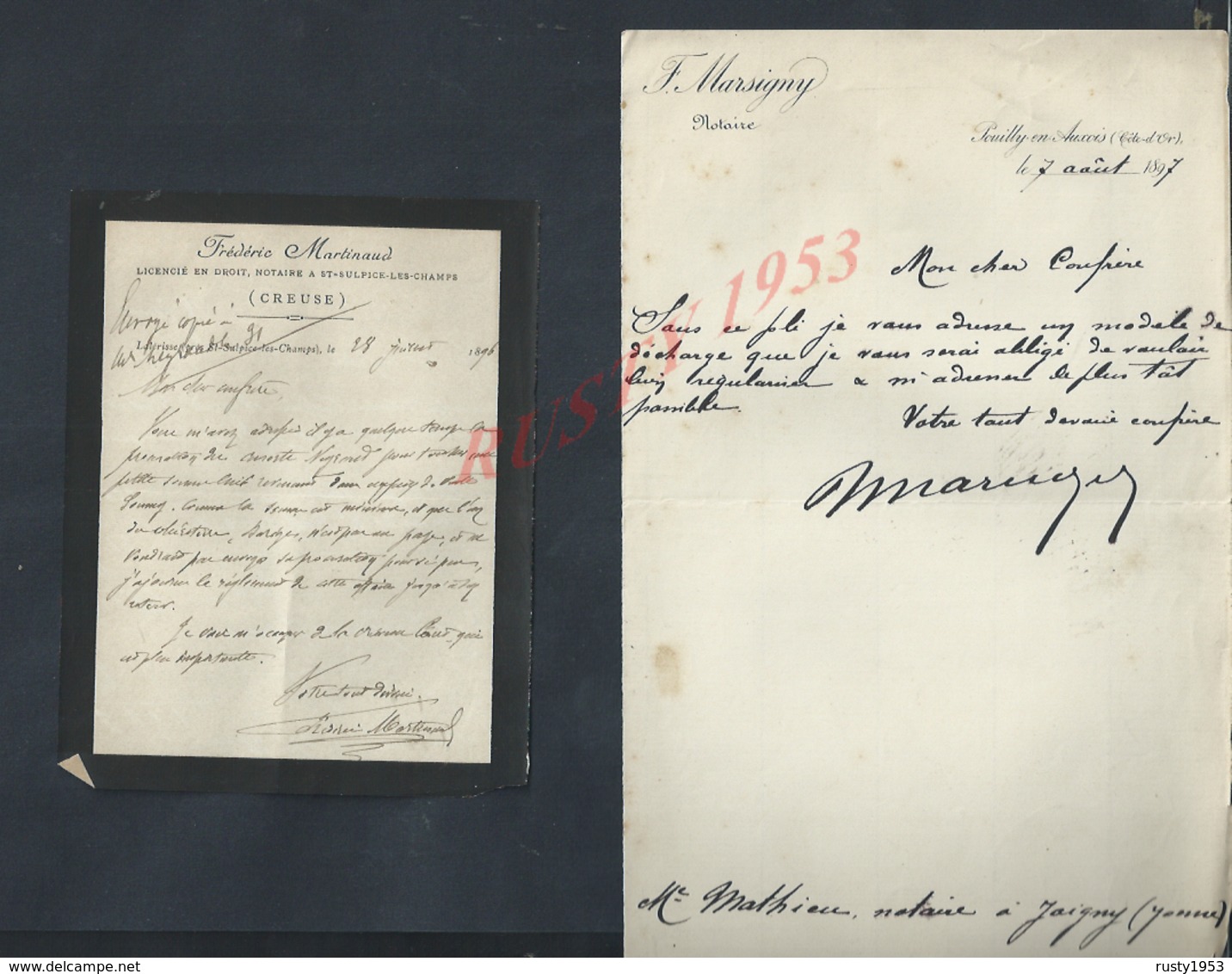 LETTRES DE 1897 F MARSIGNY NOTAIRE À POUILLY EN AUXOIS : - Manuscrits