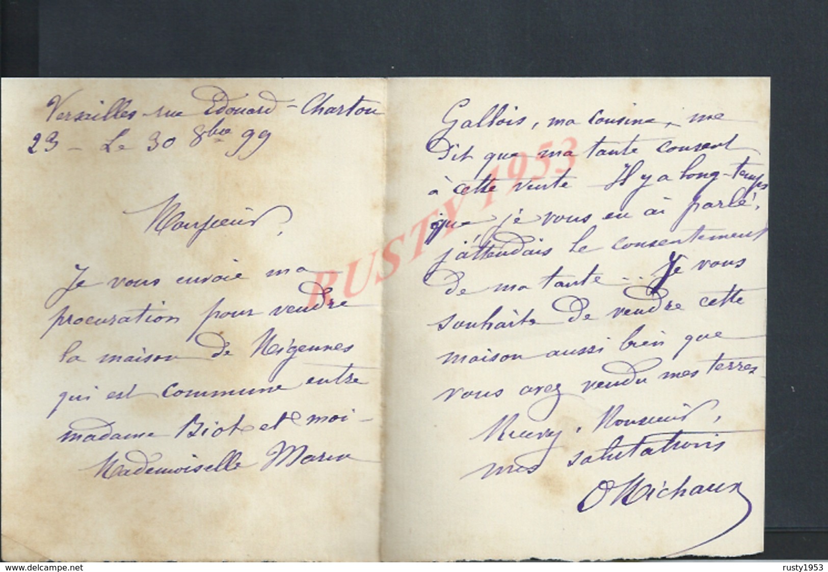 LETTRE DE 1899 DE VERSAILLES RUE EDOUARD CHARTON : - Manuscrits