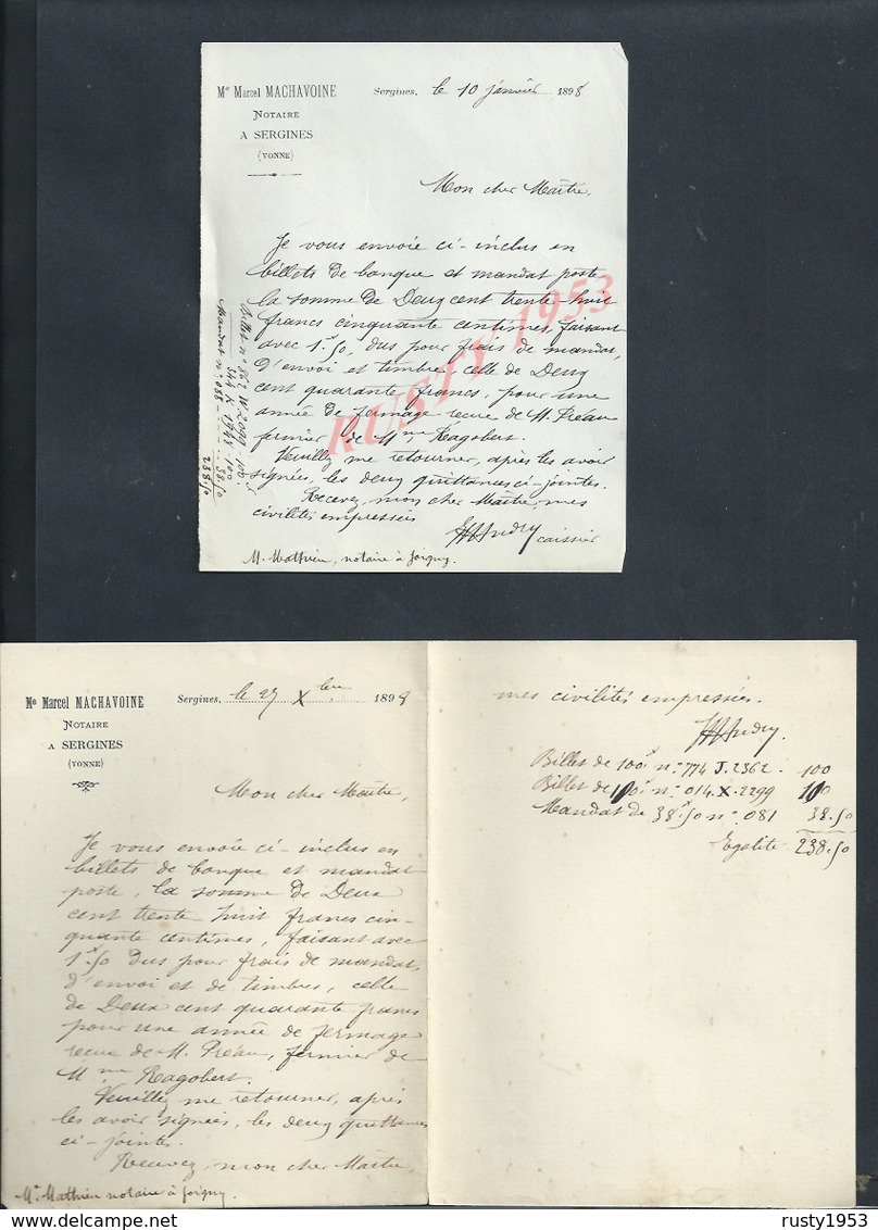 LETTRES DE 1898 MARCEL MACHAVOINE NOTAIRE À SERGINES : - Manuscrits