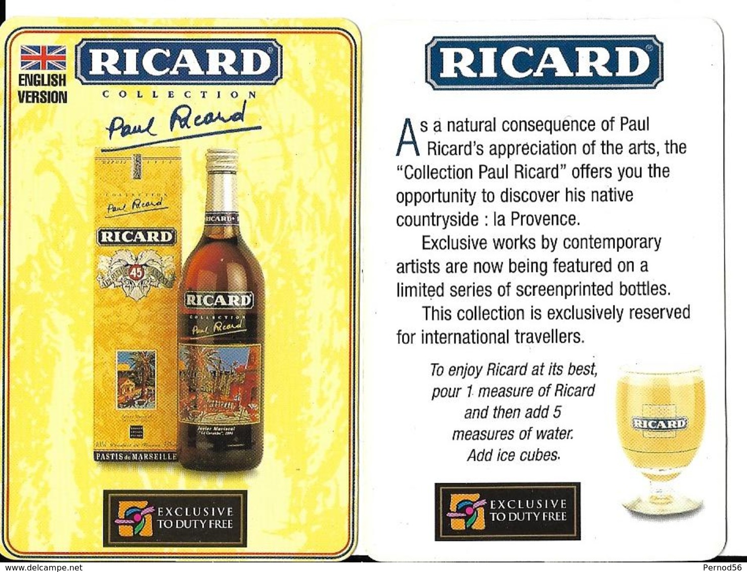 Vends  Publicité RICARD  Collection Paul Ricard  Dutyfree Carton 1v Ricard 5 V D'eau - Publicidad