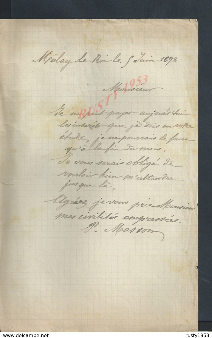 LETTRE DE 1898 DE MALAY LE ROI OU MALAY LE PETIT : - Manuscripts