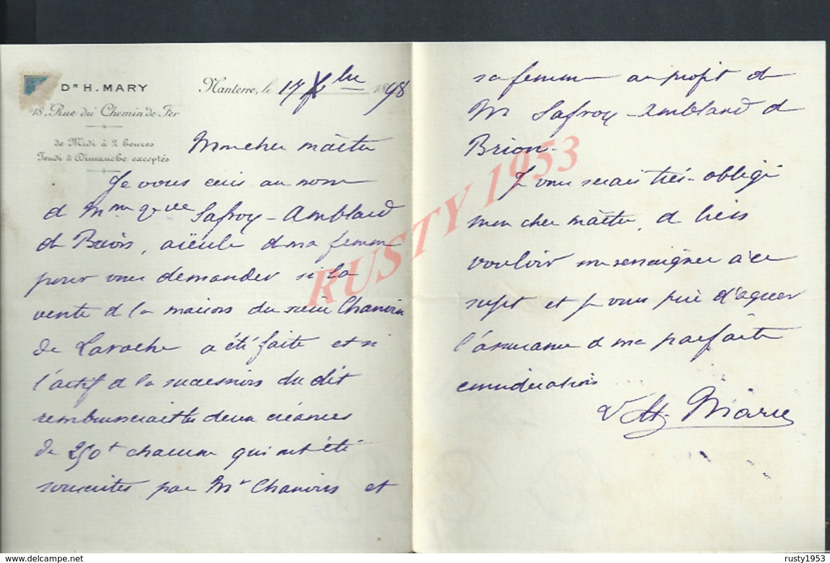 LETTRE DE 1898 Dr H MARY ECRITE DE NANTERRE : - Manuscripts