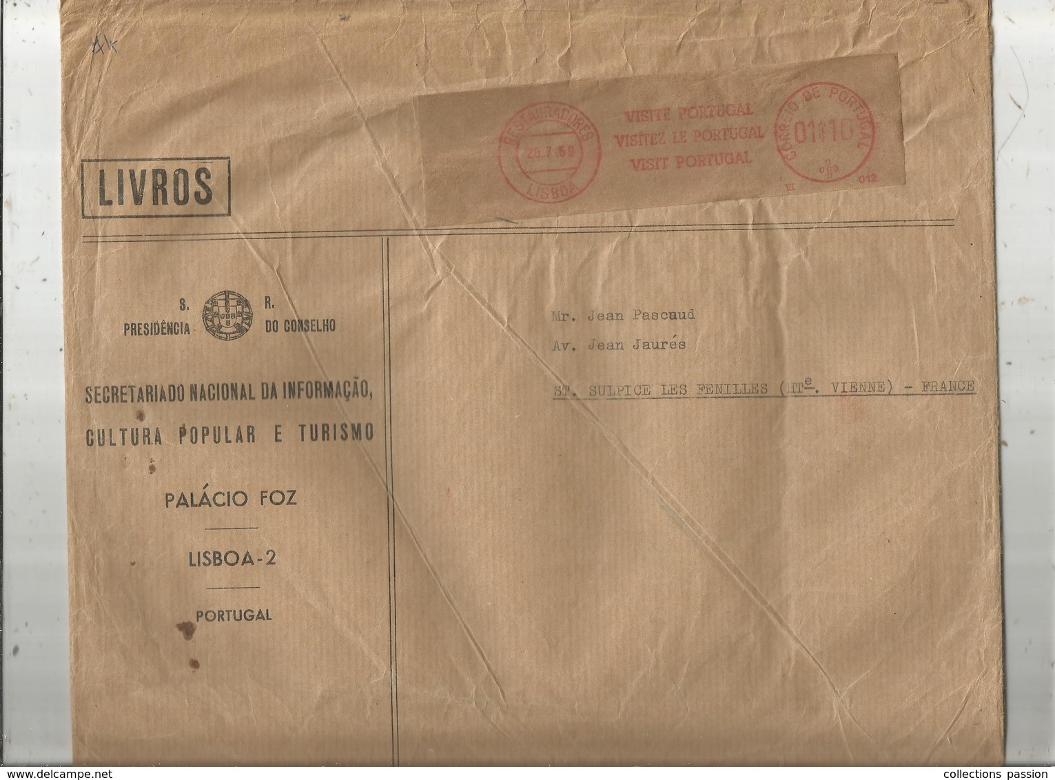 Lettre , 31.5 X 23 , 1959 , RESTAURADORES, LISBOA, Flamme: Visitez Le Portugal, 2 Scans , FRAIS FR 1.95 E - Machines à Affranchir (EMA)