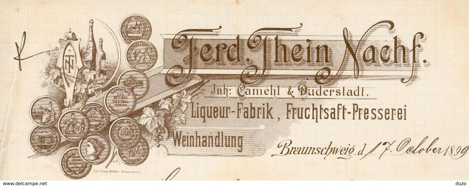 Allemagne - Braunschweig - Rechnung Die 17 October 1899 - Ferd.Thein Nachf - Liqueur-Fabrik,Fruchtsaft-Presserei. - Autres & Non Classés