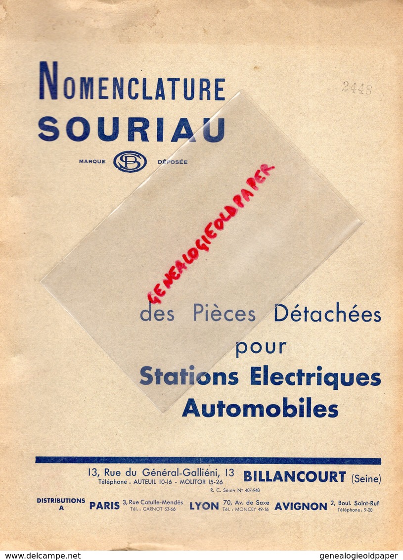 92- BILLANCOURT-PARIS-LYON-AVIGNON- RARE BEAU CATALOGUE NOMENCLATURE SOURIAU-PIECES DETACHEES AUTOMOBILES-1933 - Cars
