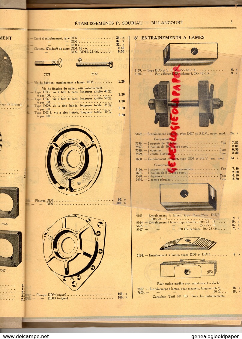 92- BILLANCOURT-PARIS-LYON-AVIGNON- RARE BEAU CATALOGUE NOMENCLATURE SOURIAU-PIECES DETACHEES AUTOMOBILES-1933