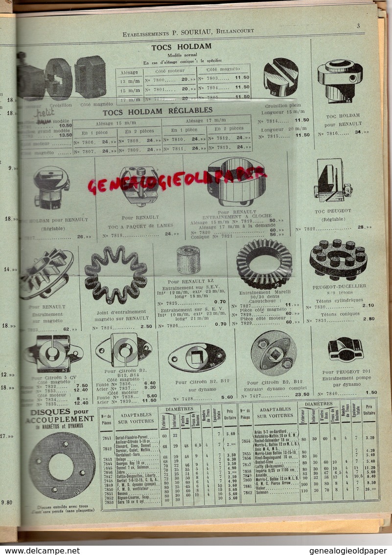 92- BILLANCOURT-PARIS-LYON-AVIGNON- RARE BEAU CATALOGUE NOMENCLATURE SOURIAU-PIECES DETACHEES AUTOMOBILES-1933