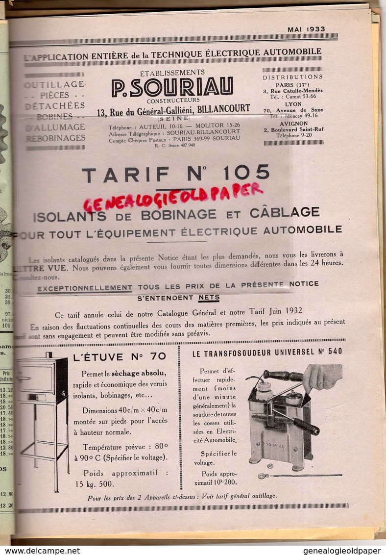 92- BILLANCOURT-PARIS-LYON-AVIGNON- RARE BEAU CATALOGUE NOMENCLATURE SOURIAU-PIECES DETACHEES AUTOMOBILES-1933