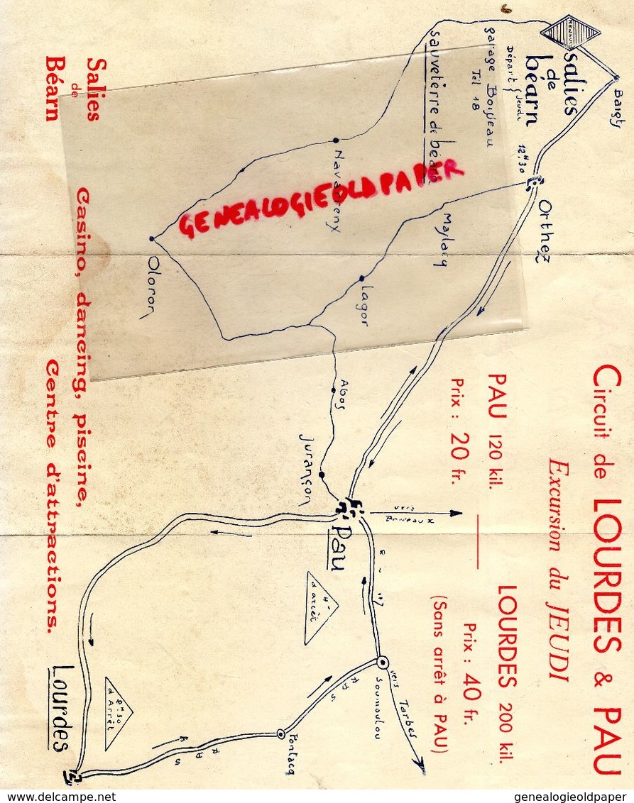 64- SALIES DE BEARN- DEPLIANT TOURISTIQUE- CAR PULLMAN- GARAGE BOISSEAU-CIRCUIT LOURDES ET PAU-ORTHEZ-JURANCON-LAGOR- - Dépliants Touristiques